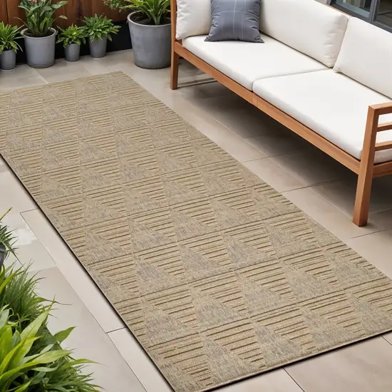 8' Beige and Brown Geometric Distressed Indoor Outdoor Runner Rug Photo 1