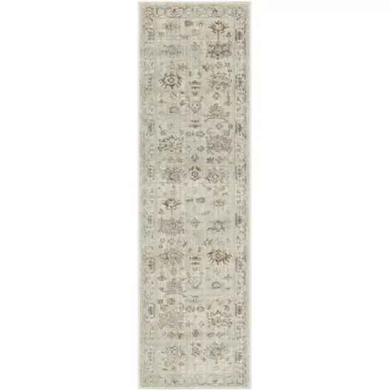 8' Beige and Brown Oriental Power Loom Distressed Runner Rug With Fringe Photo 1