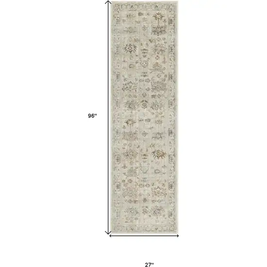 8' Beige and Brown Oriental Power Loom Distressed Runner Rug With Fringe Photo 8