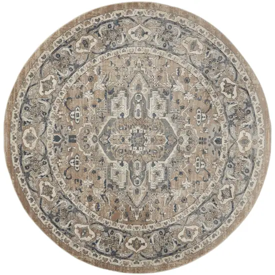 10' Beige and Gray Round Medallion Power Loom Distressed Area Rug Photo 2