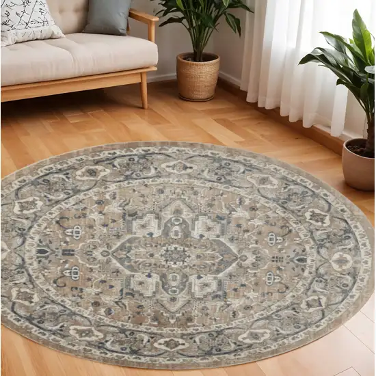 10' Beige and Gray Round Medallion Power Loom Distressed Area Rug Photo 1