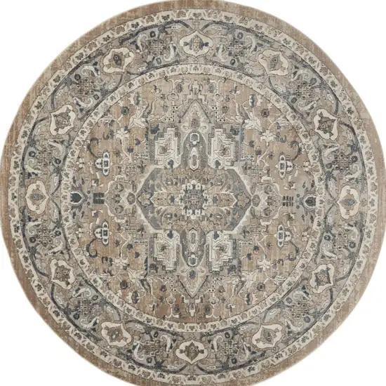 10' Beige and Gray Round Medallion Power Loom Distressed Area Rug Photo 7