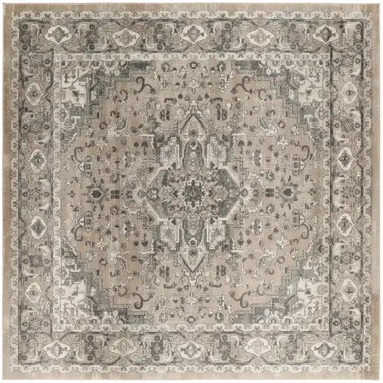 10' Beige and Gray Square Medallion Power Loom Distressed Area Rug Photo 2