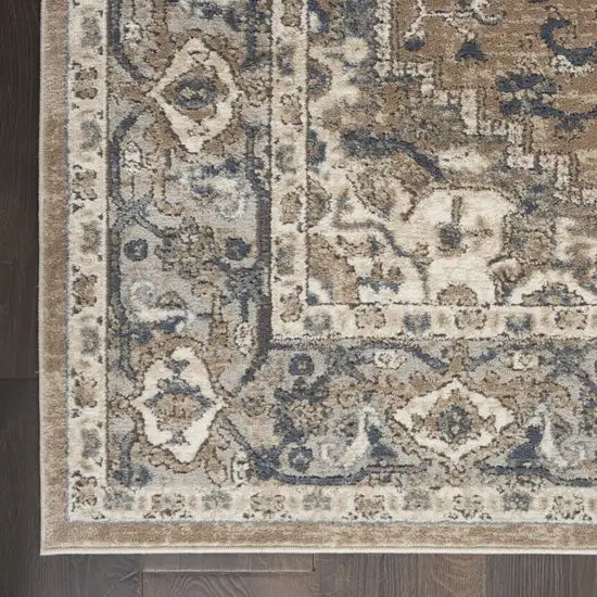 10' Beige and Gray Square Medallion Power Loom Distressed Area Rug Photo 4