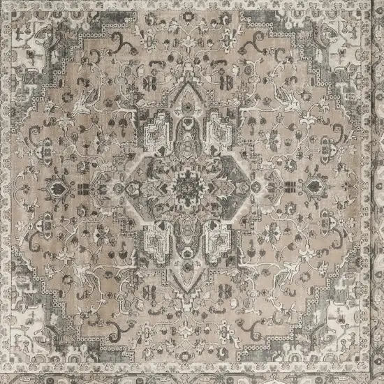 10' Beige and Gray Square Medallion Power Loom Distressed Area Rug Photo 6