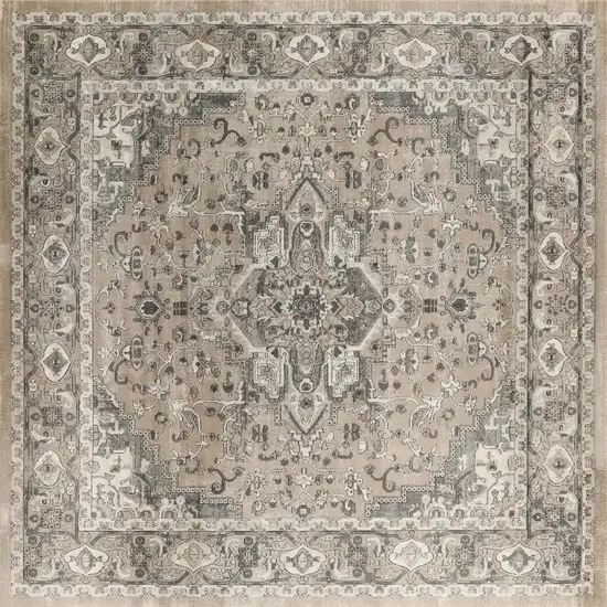 10' Beige and Gray Square Medallion Power Loom Distressed Area Rug Photo 7