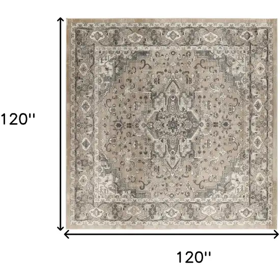 10' Beige and Gray Square Medallion Power Loom Distressed Area Rug Photo 3