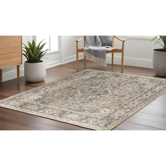 10' Beige and Gray Square Medallion Power Loom Distressed Area Rug Photo 1