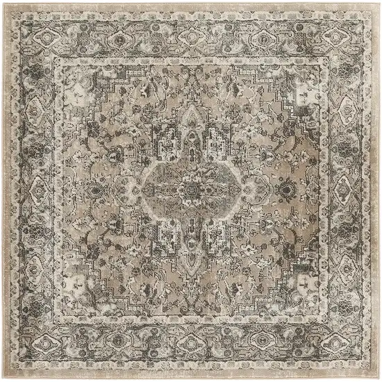 4' Beige and Gray Square Medallion Power Loom Distressed Area Rug Photo 2