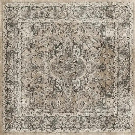 4' Beige and Gray Square Medallion Power Loom Distressed Area Rug Photo 7