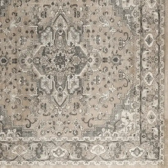 8' Beige and Gray Square Medallion Power Loom Distressed Area Rug Photo 6