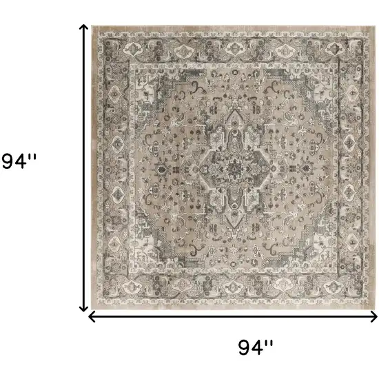 8' Beige and Gray Square Medallion Power Loom Distressed Area Rug Photo 3