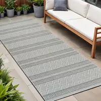 Photo of 8' Beige and Gray Striped Distressed Indoor Outdoor Runner Rug