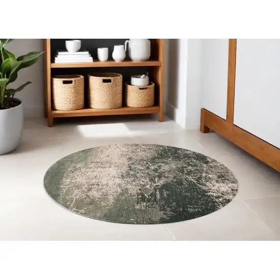 5' Beige and Green Round Abstract Non Skid Area Rug Photo 1