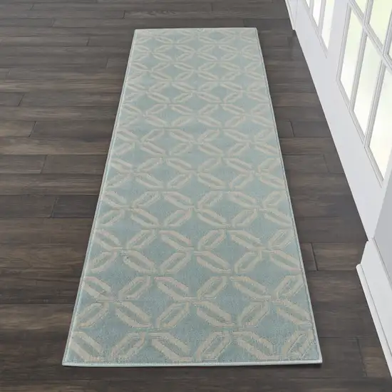 7' Beige and Green Trellis Runner Rug Photo 8