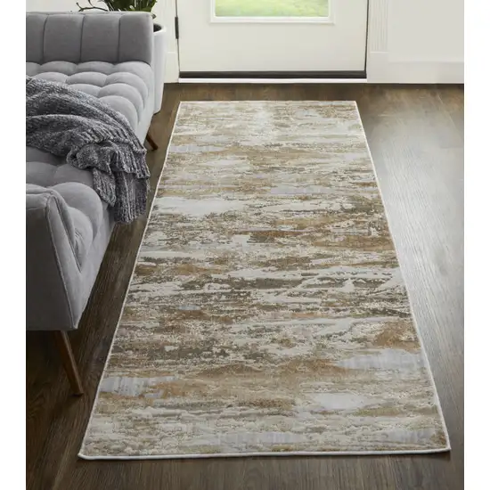 10' Beige and Ivory Abstract Power Loom Distressed Runner Rug Photo 6