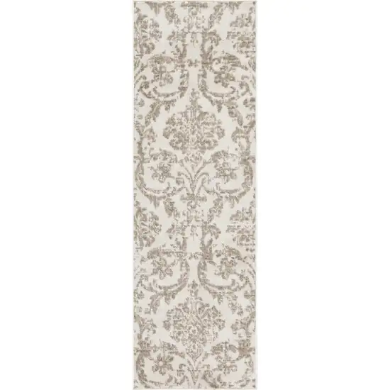 7' Beige and Ivory Damask Distressed Runner Rug Photo 4