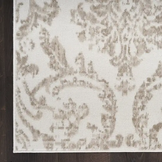 7' Beige and Ivory Damask Distressed Runner Rug Photo 5