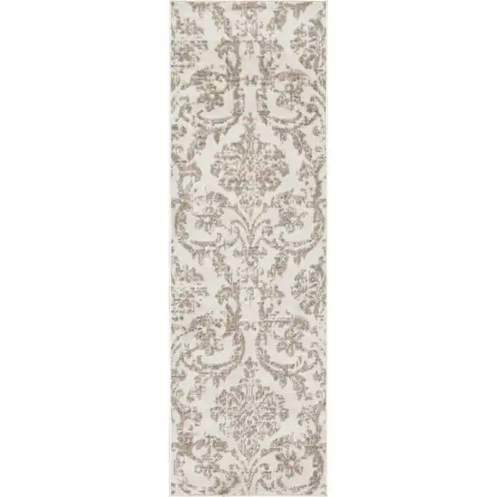 7' Beige and Ivory Damask Distressed Runner Rug Photo 2