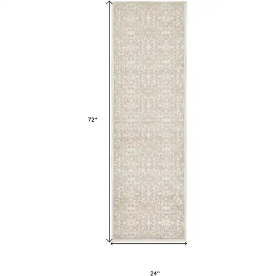 6' Beige and Ivory Floral Non Skid Runner Rug Photo 3