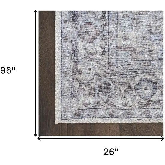 8' Beige and Ivory Floral Power Loom Distressed Washable Runner Rug Photo 7