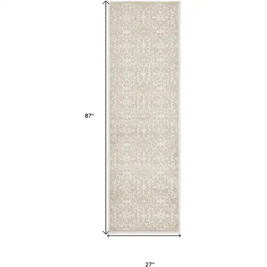 7' Beige and Ivory Floral Runner Rug Photo 3