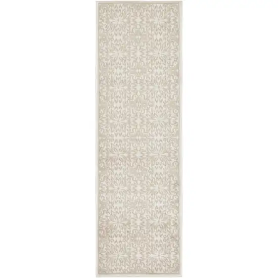 7' Beige and Ivory Floral Runner Rug Photo 2