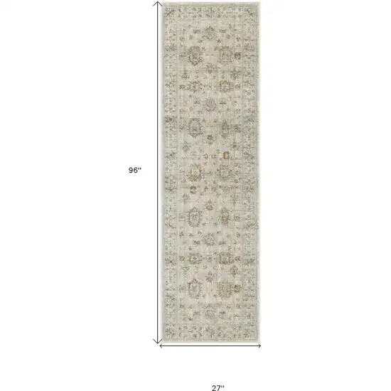 8' Beige and Ivory Oriental Power Loom Distressed Runner Rug With Fringe Photo 8