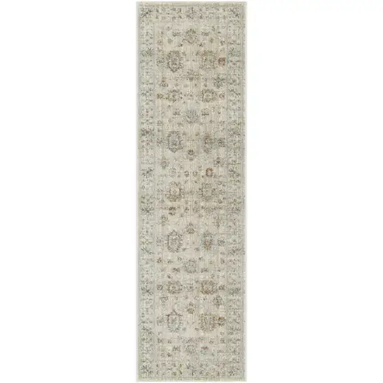 8' Beige and Ivory Oriental Power Loom Distressed Runner Rug With Fringe Photo 1