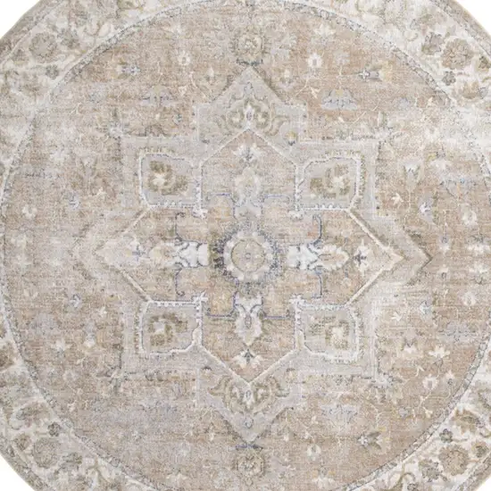 5' Beige and Ivory Round Floral Medallion Power Loom Washable Area Rug Photo 8