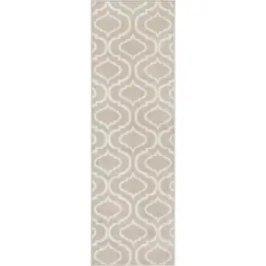 Photo of 7' Beige and Ivory Trellis Runner Rug