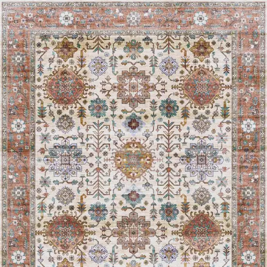 8' Beige and Orange Oriental Distressed Non Skid Runner Rug Photo 9