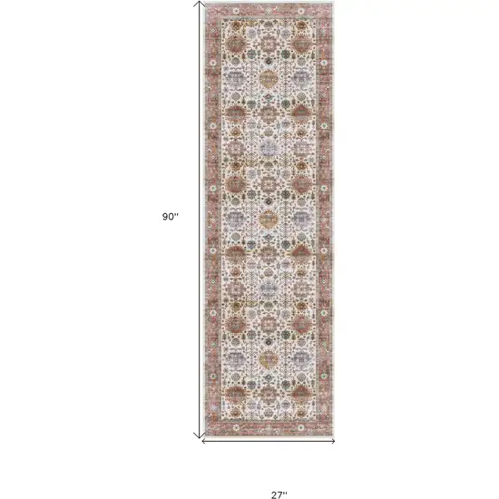 8' Beige and Orange Oriental Distressed Non Skid Runner Rug Photo 3