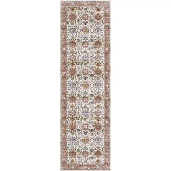 8' Beige and Orange Oriental Distressed Non Skid Runner Rug Photo 2