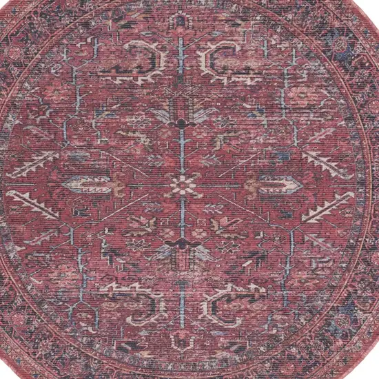 8' Beige and Red Round Floral Power Loom Distressed Area Rug Photo 7