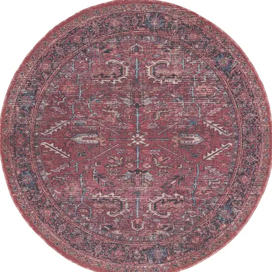 8' Beige and Red Round Floral Power Loom Distressed Area Rug Photo 8