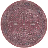 Photo of 8' Beige and Red Round Floral Power Loom Distressed Area Rug