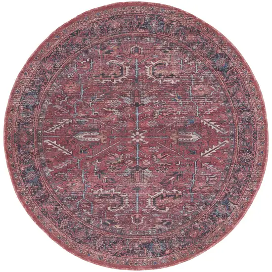 8' Beige and Red Round Floral Power Loom Distressed Area Rug Photo 2