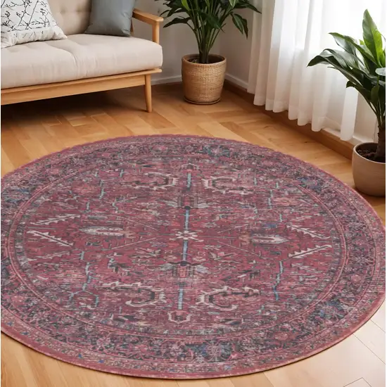 8' Beige and Red Round Floral Power Loom Distressed Area Rug Photo 1