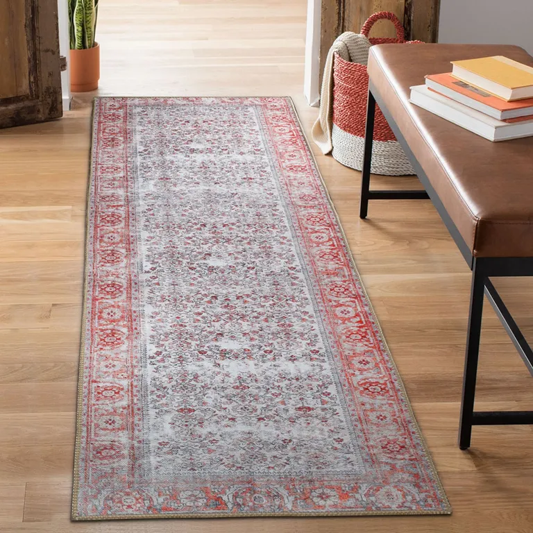 8' Berry Red Oriental Power Loom Stain Resistant Runner Rug Photo 4