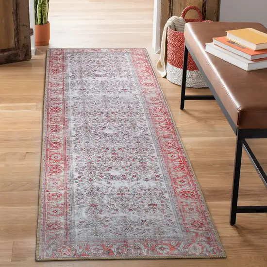 8' Berry Red Oriental Power Loom Stain Resistant Runner Rug Photo 4