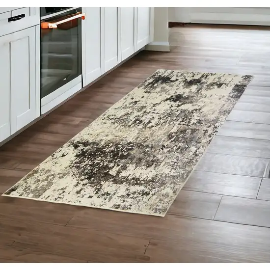 8' Black Abstract Distressed Runner Rug With Fringe Photo 1