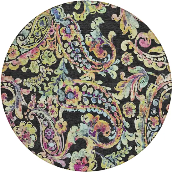 8' Black And Artichoke Green Round Paisley Washable Indoor Outdoor Area Rug Photo 2