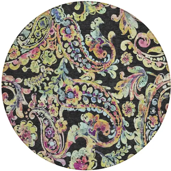 8' Black And Artichoke Green Round Paisley Washable Indoor Outdoor Area Rug Photo 1