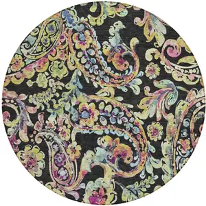 Photo of 8' Black And Artichoke Green Round Paisley Washable Indoor Outdoor Area Rug