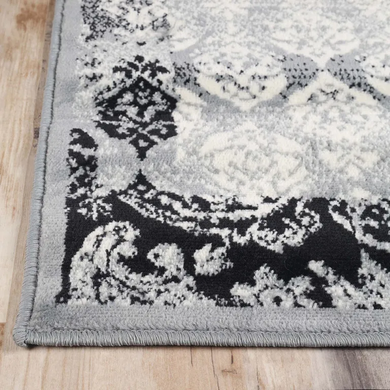 8' Black And Gray Damask Power Loom Distressed Stain Resistant Runner Rug Photo 4