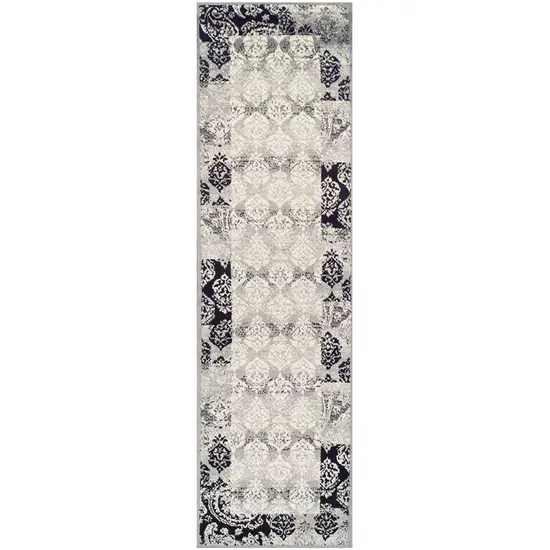 8' Black And Gray Damask Power Loom Distressed Stain Resistant Runner Rug Photo 1