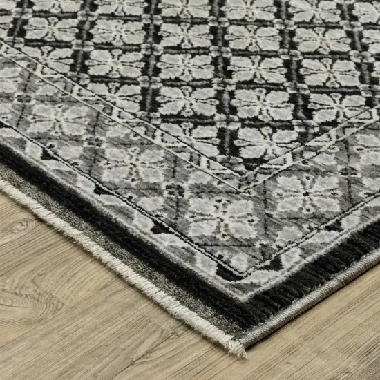 8' Black And Gray Diamond Runner Rug With Fringe Photo 4