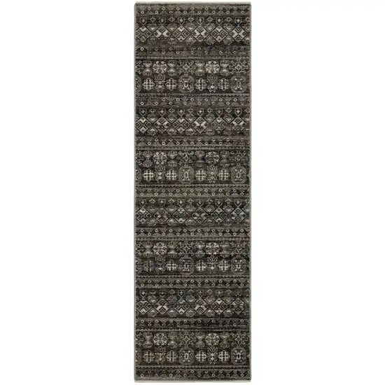 8' Black And Gray Tribal Runner Rug With Fringe Photo 2