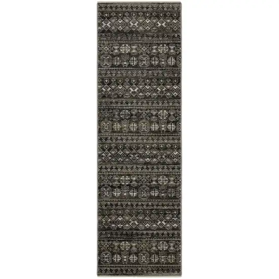 8' Black And Gray Tribal Runner Rug With Fringe Photo 5